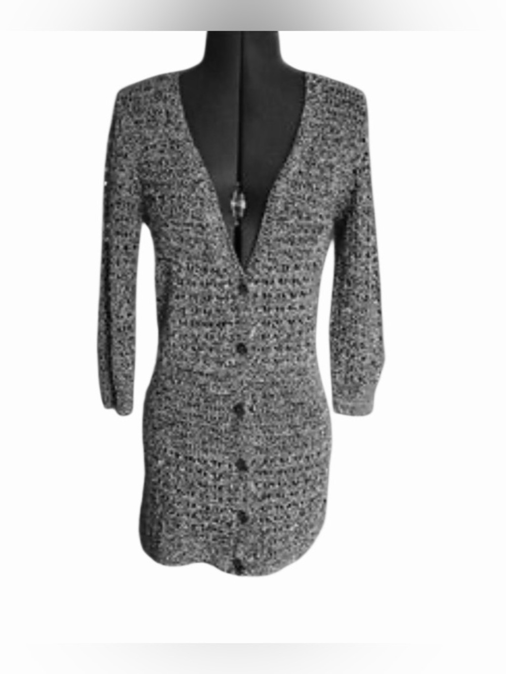DKNY Jeans black-and-white marled cardigan Sweater Size XL crochet-knit V-neck